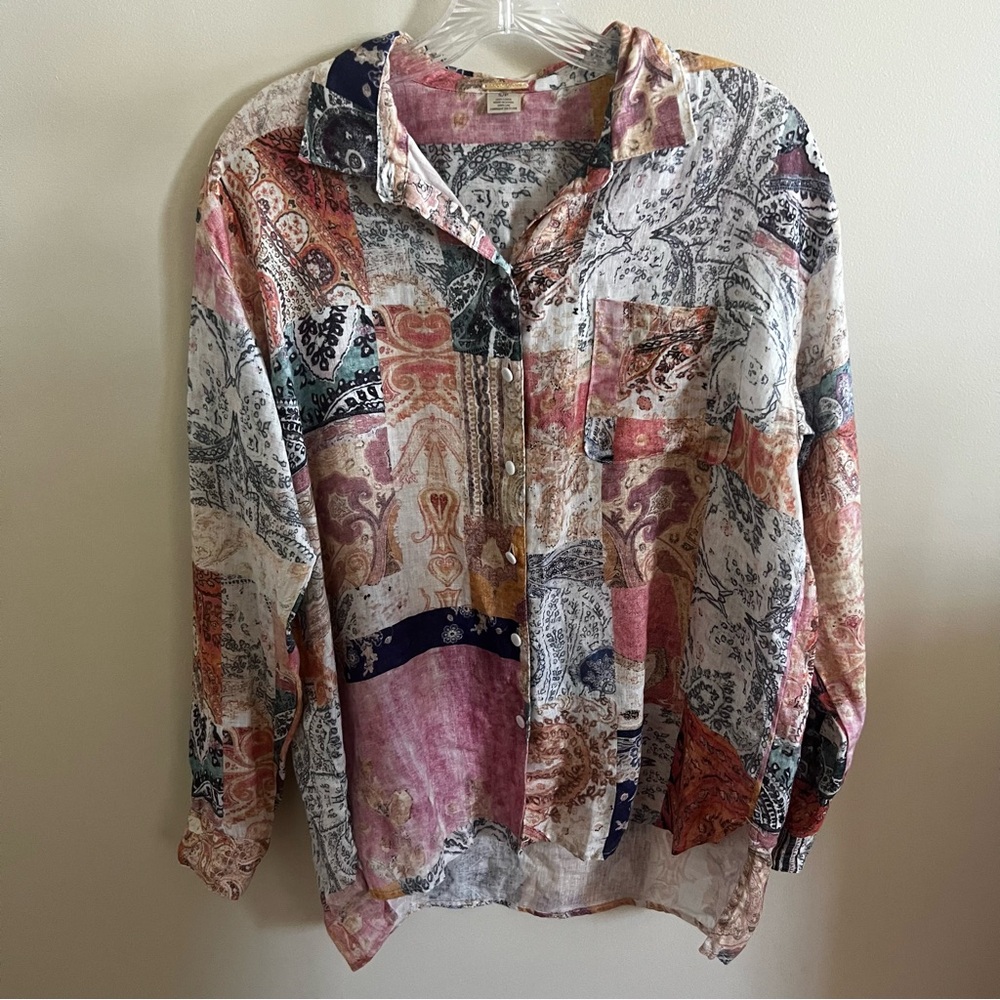 Magaschoni Patchwork Paisley Print 100%‎ Linen Button Up LS Blouse Boho Chic S